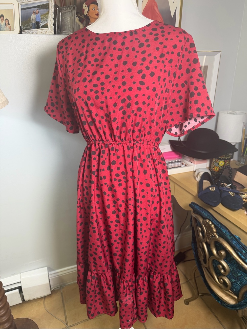 SHEIN Red Midi Dress with Black Polka Dots